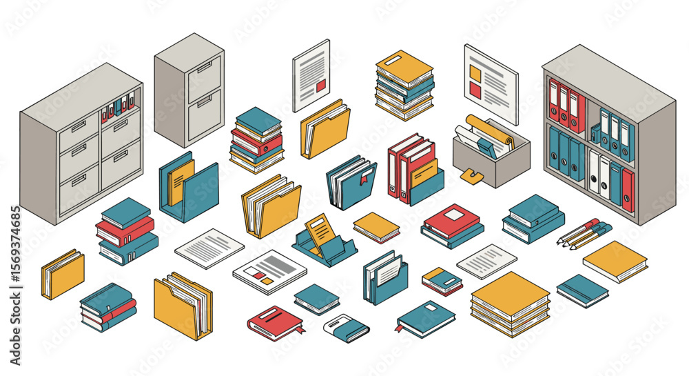 Poster isometric vector illustration of office filing system with documents and folders for design and orga