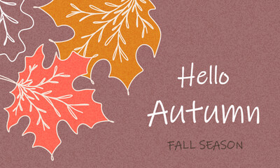 Hello autumn banner, cover, postcard or horizontal poster with maple autumn leaves. Fall season hand drawn template for sale, holiday decoration