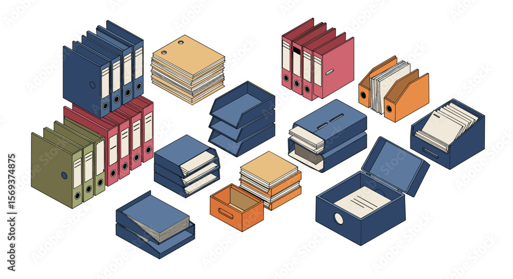 Poster office organization essentials vector illustration in isometric style for document and file manageme