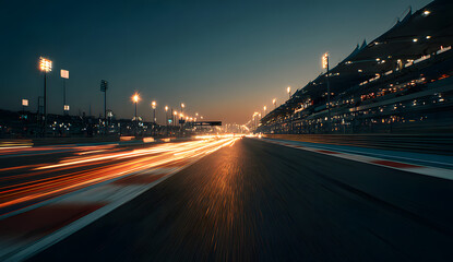 Obraz premium Racing track at twilight, long exposure of cars