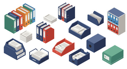Office organization vector illustration: isometric style for stationery and document management design
