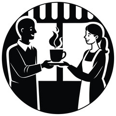 A Friendly Exchange A Coffee Shop Scene Featuring a Waitress Serving a Customer Steaming Drink