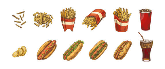 Hand drawn vintage set of hot dogs, french fries, potato chips and fizzy drinks in color style