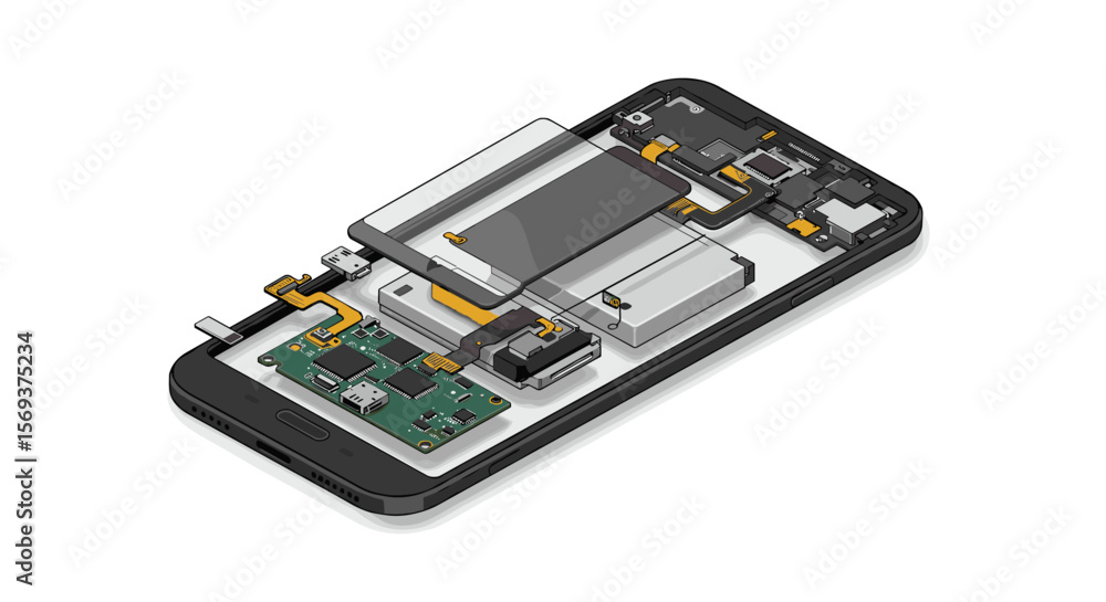 Poster exploded view vector illustration of smartphone components for educational and design use