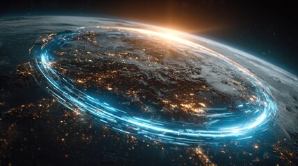 Futuristic Earth with Digital Ring and Glowing Lights