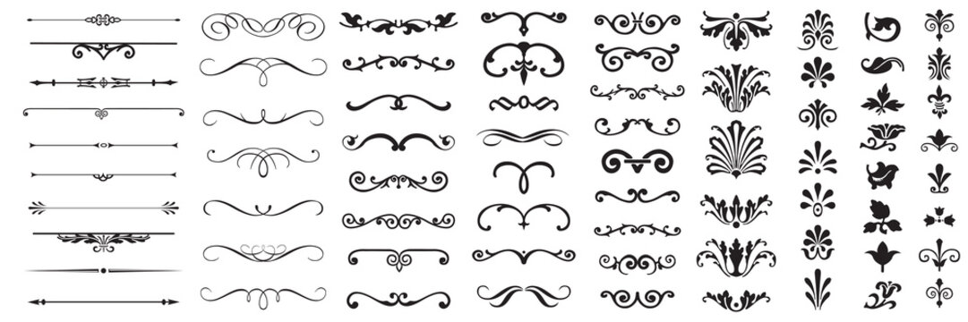 Set or collection of vector filigree flourishes for design. Decorative elements collection.