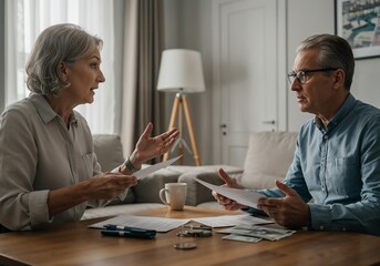 Elderly couple discussing finances at home with documents on table  