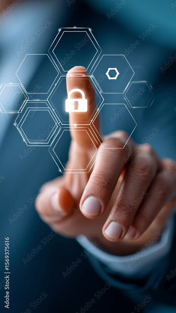 Poster cyber insurance online for businesses with finger pressing digital lock icon on hexagonal interface 