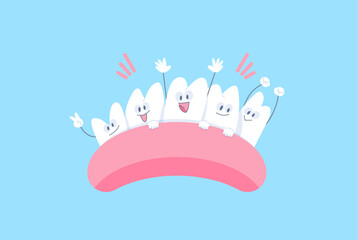 Cute friendly teeth gang on gums illustration cartoon vector design. Dental care concept.