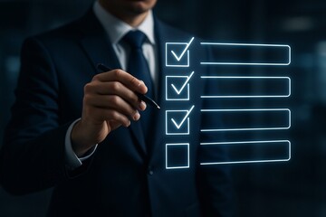 Businessman marking items on a glowing digital checklist with a pen