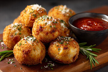 Realistic deep fried lasagna bites served with dipping sauce on white background