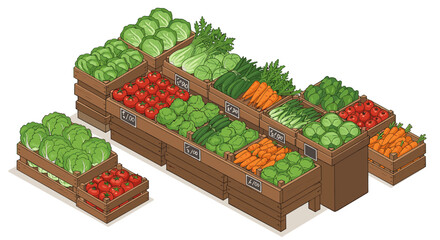 Fresh vegetable market stand vector illustration for retail display design in isometric style