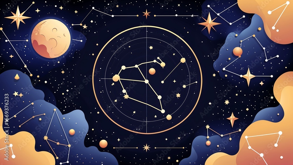 Poster vector astral chart, constellation lines on gradient from cosmic parchment to void.
