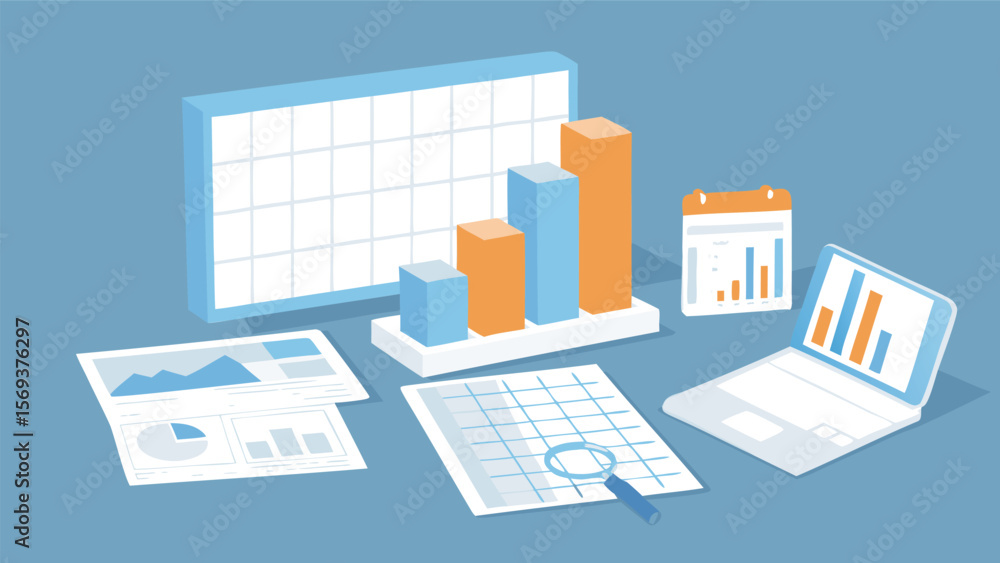 Poster isometric illustration of business data analysis with charts and graphs on a blue background