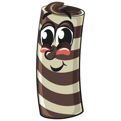 cute chocolate wafer roll mascot cartoon vector illustration, funny dessert character in striped snack design for kids and food packaging, work of hand drawn
