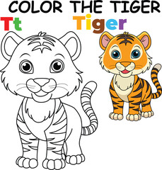 T for Tiger Coloring Worksheet for Preschool – AI Inspired Concept Hand Drawn Vector in Illustrator