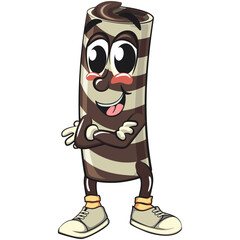 cute chocolate wafer roll mascot cartoon vector illustration folding his arms calmly, funny dessert character in striped snack design for kids and food packaging, work of hand drawn