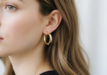 Young woman with long hair wearing gold hoop earrings  