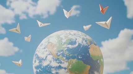 Paper Birds Soaring Above Earth Globe Against Cloudy Sky Backdrop