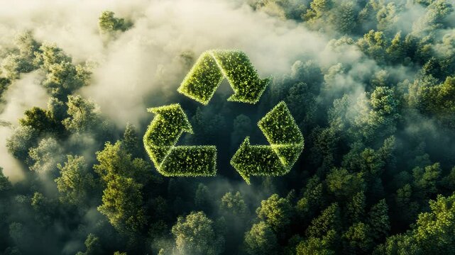 Recycling symbol green forest sustainability environmental conservation eco friendly nature mist fog renewable climate action lush trees inspire ecological awareness promote green living clean air
