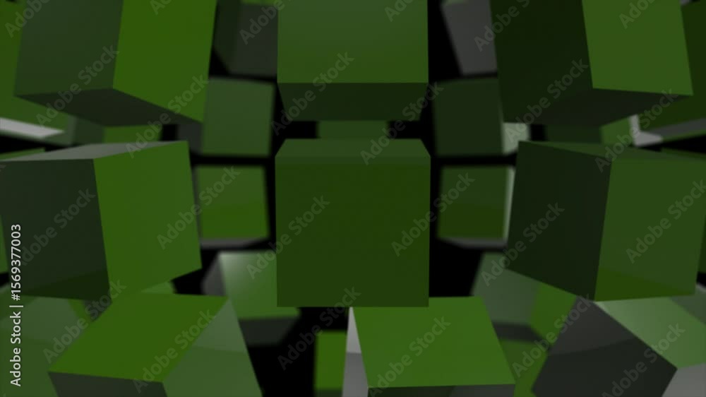 Poster lime green color 3d shiny cubes rotating and forming 3d sphere advanced loop able geometrical black 