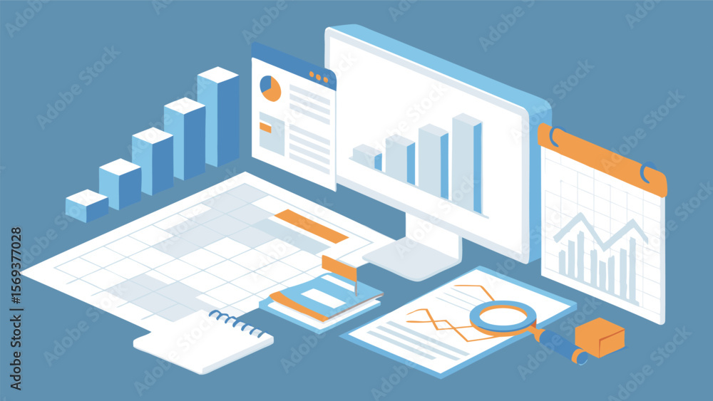 Poster isometric view of data analysis with charts, graphs, computer screen and magnifying glass on blue ba