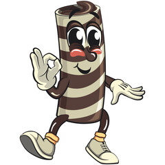 cute chocolate wafer roll mascot cartoon vector illustration dancing while giving the okay sign, funny dessert character in striped snack design for kids and food packaging, work of hand drawn