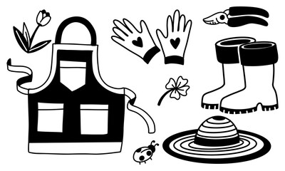 Vector set of garden tools and plants, clothes, plants in the style of flat doodles, highlighted on a white. set equipment for transplanting indoor plants. collection garden elements and tools