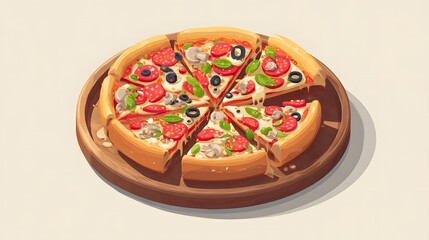Isometric illustration of a full round pizza with colorful toppings on a wooden plate, ideal for UI or food design.