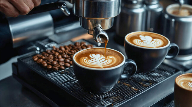 Close-Up of Barista Pouring Espresso and Creating Latte Art on Coffee in Contemporary Caf?