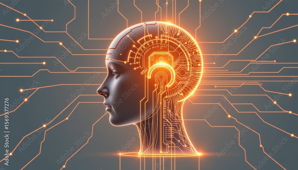 Poster digital minimalism concept. futuristic head with circuits symbolizing technology and artificial inte