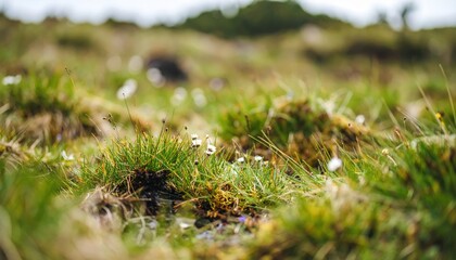 Whispers of Green: A low-angle perspective immerses the viewer in a textured landscape of grass, moss, and miniature flowers, inviting exploration and connection to nature's subtle beauty.