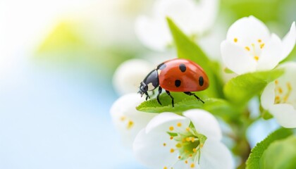 Ladybug on Flower Petals: A close-up shot of a vibrant ladybug perched delicately on a crisp white flower. The scene is filled with the freshness of spring.