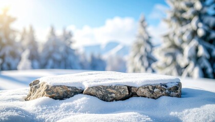 Serene Winter Display: A snow-covered stone slab stands amidst a breathtaking winter wonderland, offering a pristine setting for product presentation.