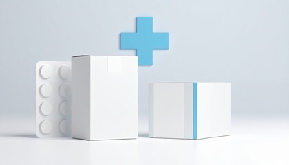 Medical Packaging Mockup: Clean and simple mockup of blank medicine packaging, including blister pack and boxes, with a subtle blue cross symbol, ideal for healthcare branding and advertising.