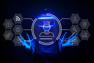 Futuristic Virtual Reality Interaction with Technology Graphics and Engaged User in Neon Glow...