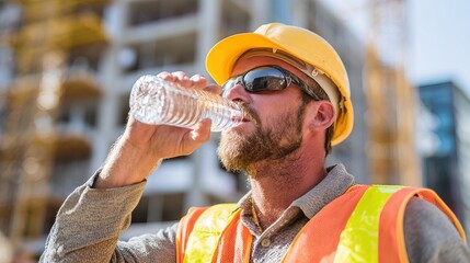 A construction worker wearing a hard hat and safety vest drinks water from a plastic bottle at a building site.