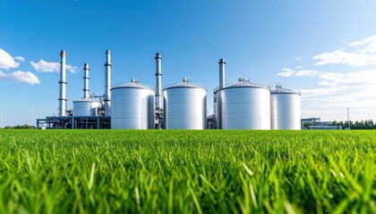 Eco-Friendly Plant and Azure Sky: A picturesque view of a modern industrial plant, seamlessly integrated with a lush green landscape and a clear, cloud-speckled blue sky.