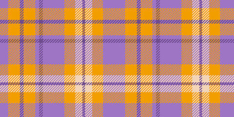 A striking tartan plaid pattern featuring bold purple and orange hues accented with beige tones in a crisscrossed geometric layout of squares and lines, ideal for modern textile or decorative designs