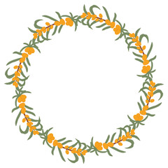 Hand-Drawn Sea Buckthorn Wreath with Orange Berries and Green Leaves in a Delicate Botanical Design