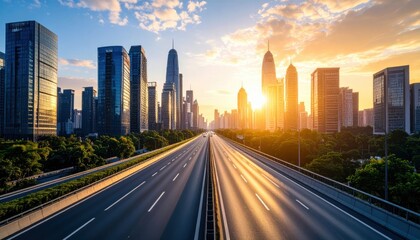 Fototapeta premium Cityscape Highway at Sunset: A long highway stretches towards a modern city skyline, bathed in the vibrant hues of a sunset, blending urban architecture with the open road.