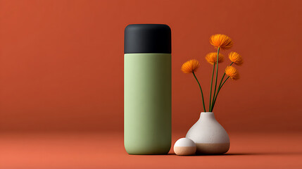 Elegant green thermos and bright orange Billy Buttons create a calming scene