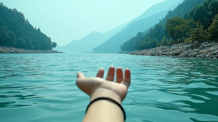 Outstretched female hand reaching toward turquoise lake surrounded by forested mountains and rocky shoreline during daylight in summer.