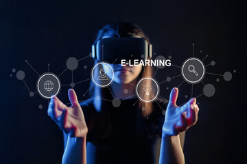 Young woman experiencing e-learning through virtual reality technology, surrounded by icons representing online education and digital resources in dark environment