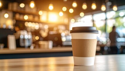 Coffee Cup Bliss: A steaming paper cup of coffee sits on a wooden table, the coffee shop providing a warm, blurred background, inviting a moment of relaxation and enjoyment.