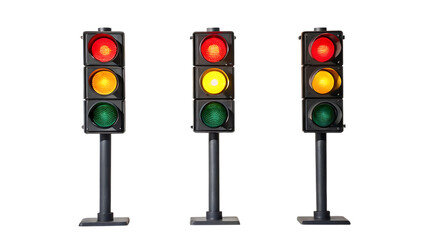 Traffic lights with red, yellow and green signals on transparent background