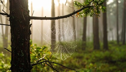 Enchanting Forest Web: Delicate spider web adorned with glistening morning dew hangs suspended in the misty embrace of a sun-dappled forest, revealing nature's intricate artistry.