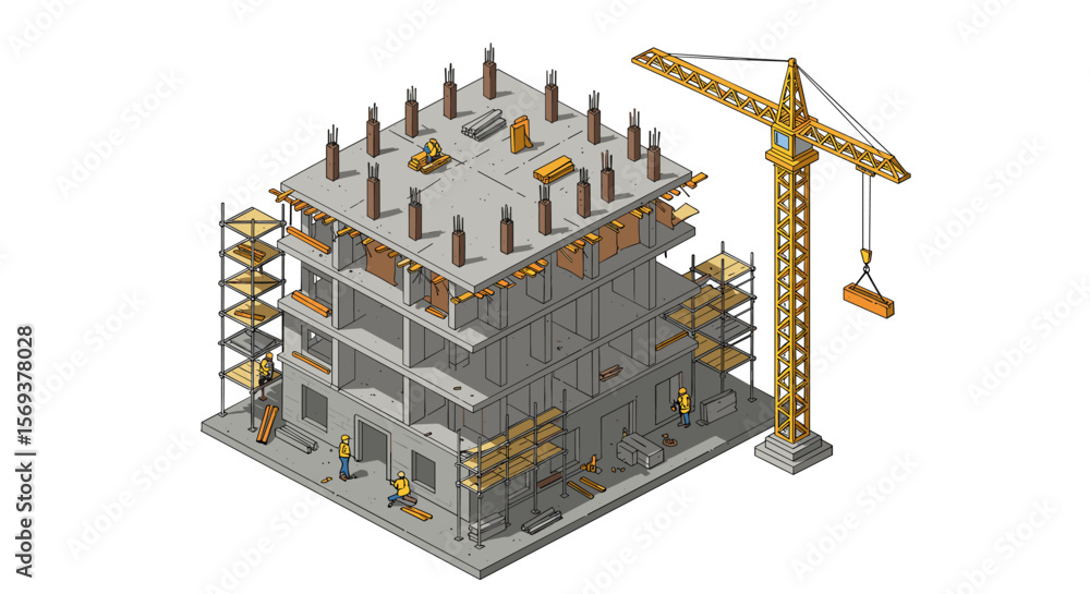 Poster isometric vector illustration of construction site with building framework and crane