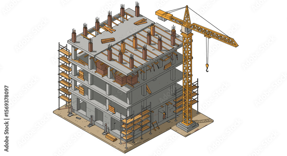 Poster isometric vector illustration of building under construction with crane for architecture design
