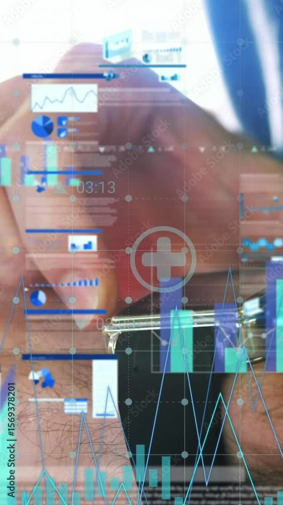 Poster animation of financial data processing over caucasian businessman using smartphone